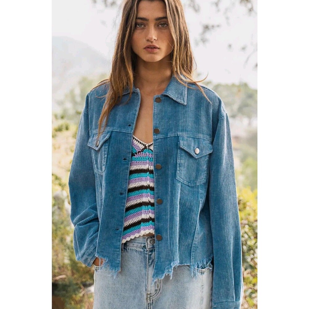 Women's POL Frayed Hem Corduroy Jacket Slate Blue Small Bohemian